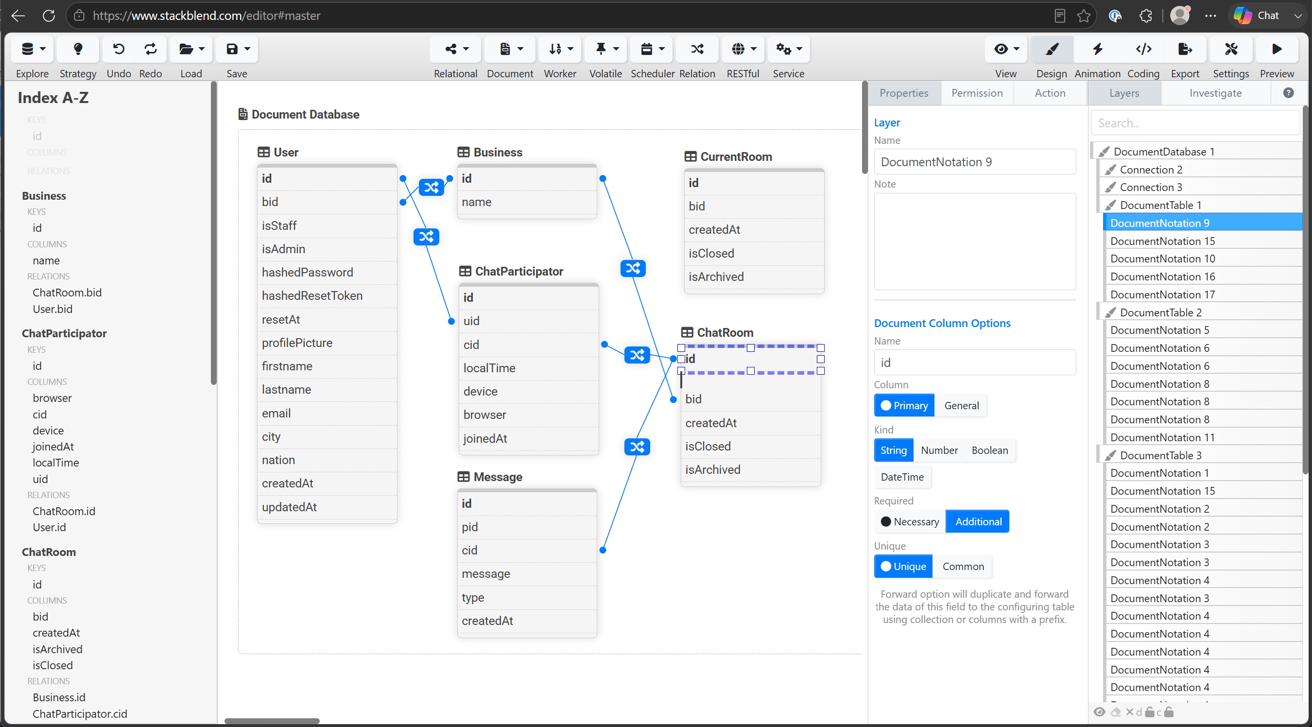 Design tables and relations, and bind them to front-end elements using dot notation.
