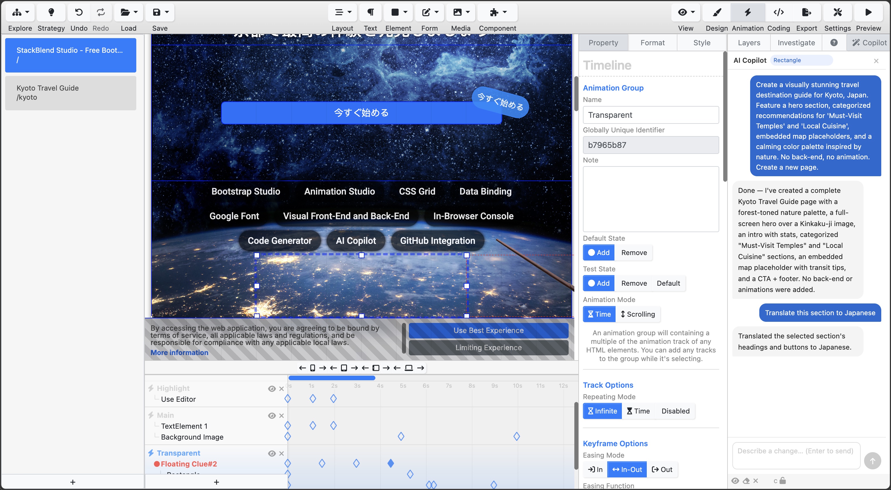 Create CSS3 animation using tracks and keyframes right on Bootstrap website.